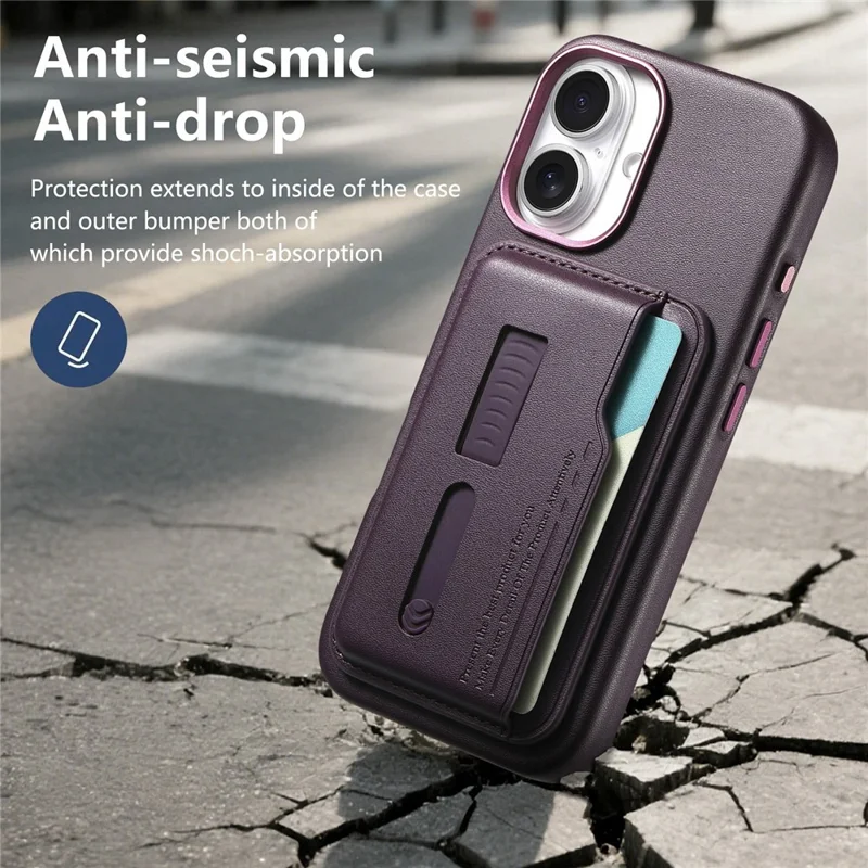 For iPhone 16 Case Compatible with MagSafe Detachable Card Bag with Finger Ring Strap PU Leather Coated TPU Phone Cover - Purple
