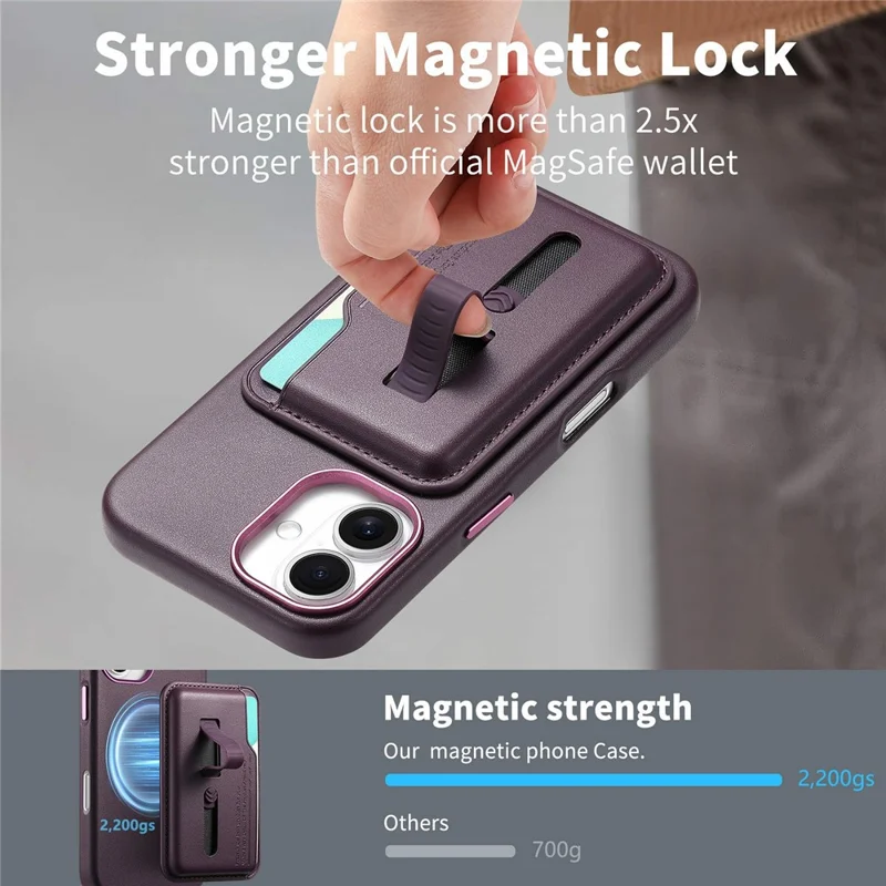 For iPhone 16 Case Compatible with MagSafe Detachable Card Bag with Finger Ring Strap PU Leather Coated TPU Phone Cover - Purple