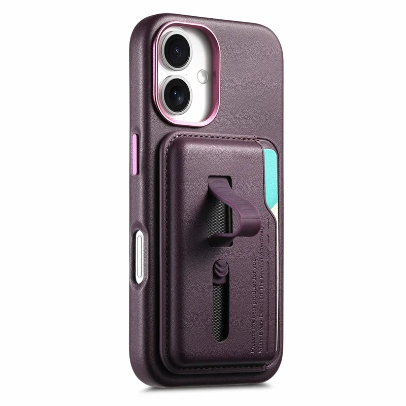 For iPhone 16 Case Compatible with MagSafe Detachable Card Bag with Finger Ring Strap PU Leather Coated TPU Phone Cover - Purple
