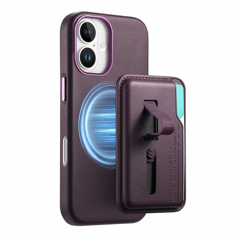 For iPhone 16 Case Compatible with MagSafe Detachable Card Bag with Finger Ring Strap PU Leather Coated TPU Phone Cover - Purple