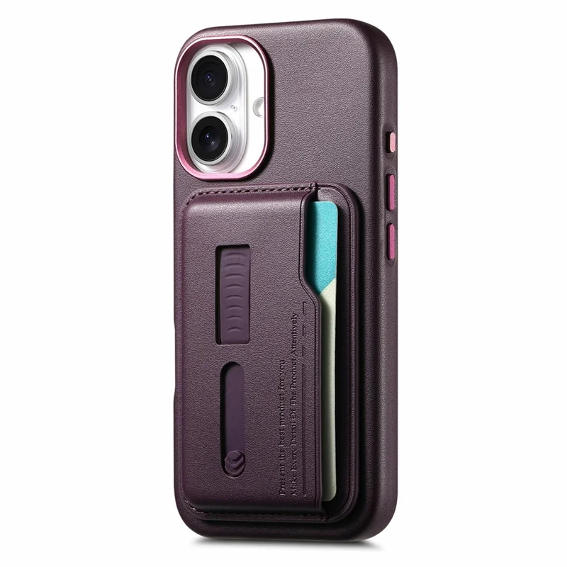 For iPhone 16 Case Compatible with MagSafe Detachable Card Bag with Finger Ring Strap PU Leather Coated TPU Phone Cover - Purple