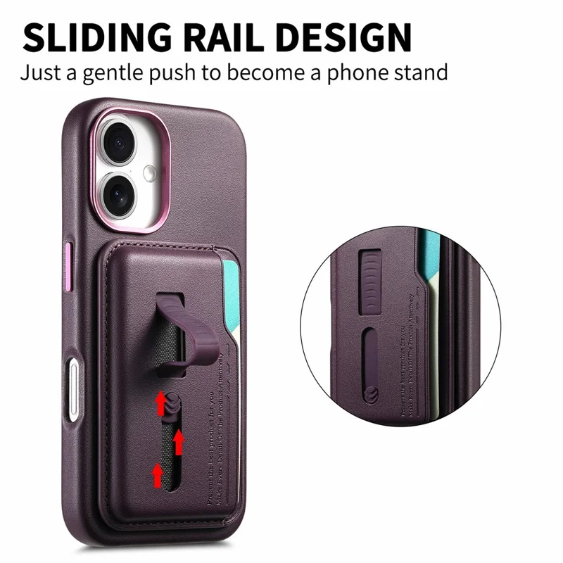 For iPhone 16 Case Compatible with MagSafe Detachable Card Bag with Finger Ring Strap PU Leather Coated TPU Phone Cover - Purple