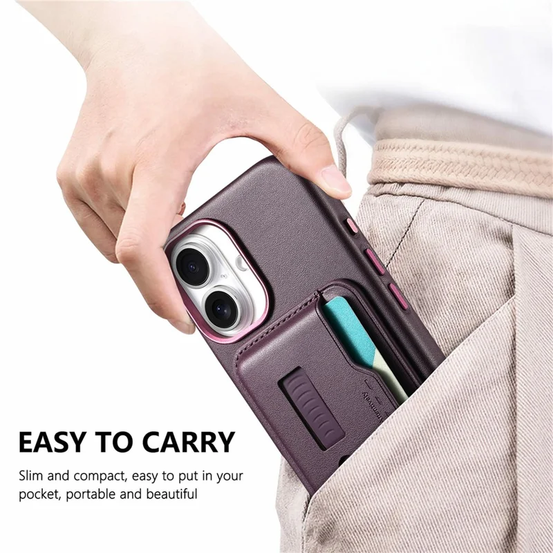 For iPhone 16 Case Compatible with MagSafe Detachable Card Bag with Finger Ring Strap PU Leather Coated TPU Phone Cover - Purple