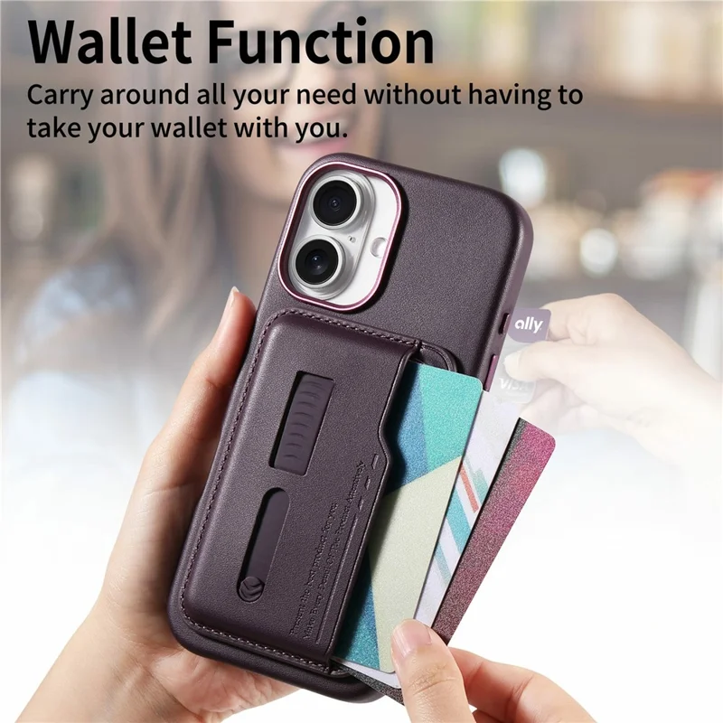 For iPhone 16 Case Compatible with MagSafe Detachable Card Bag with Finger Ring Strap PU Leather Coated TPU Phone Cover - Purple