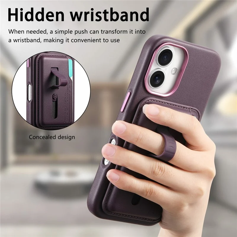 For iPhone 16 Case Compatible with MagSafe Detachable Card Bag with Finger Ring Strap PU Leather Coated TPU Phone Cover - Purple