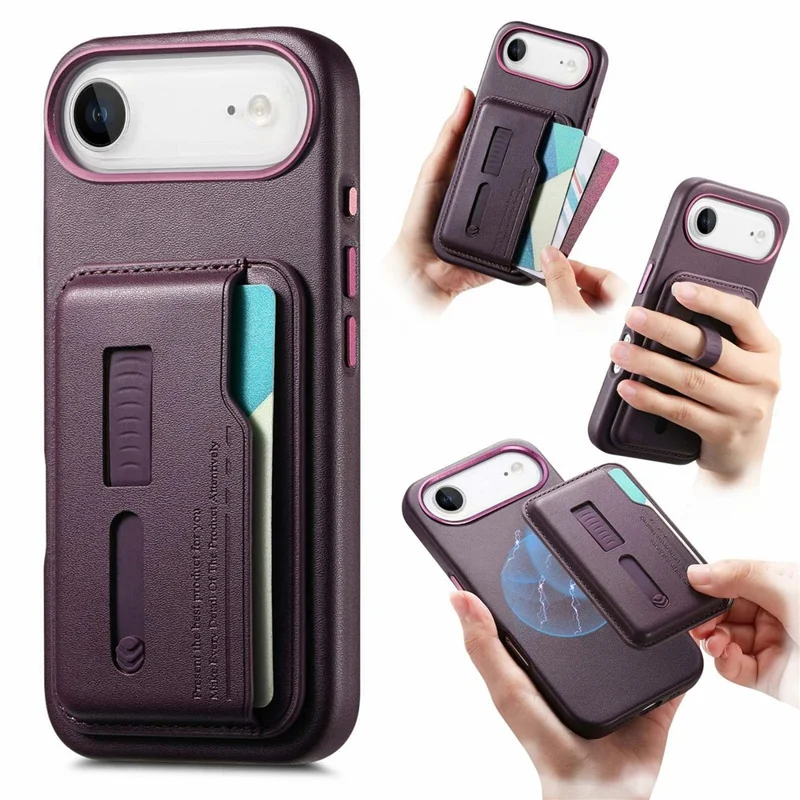 Étui pour iPhone Air Compatible avec MagSafe, Pochette de Carte Détachable avec Sangle d'Anneau de Doigt, Housse de Téléphone en Cuir PU Enduit de TPU - Violet