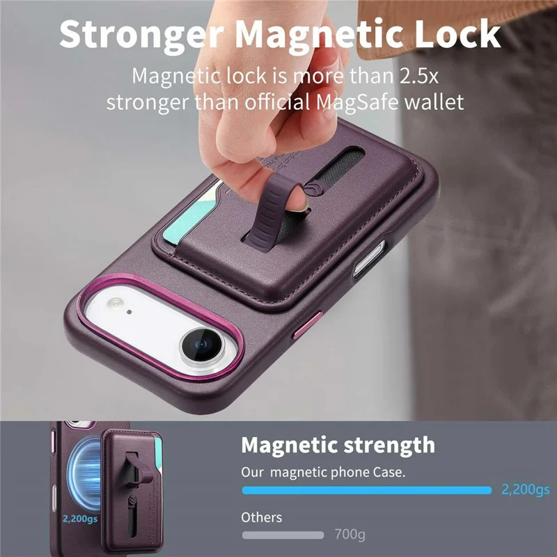 Étui pour iPhone Air Compatible avec MagSafe, Pochette de Carte Détachable avec Sangle d'Anneau de Doigt, Housse de Téléphone en Cuir PU Enduit de TPU - Violet