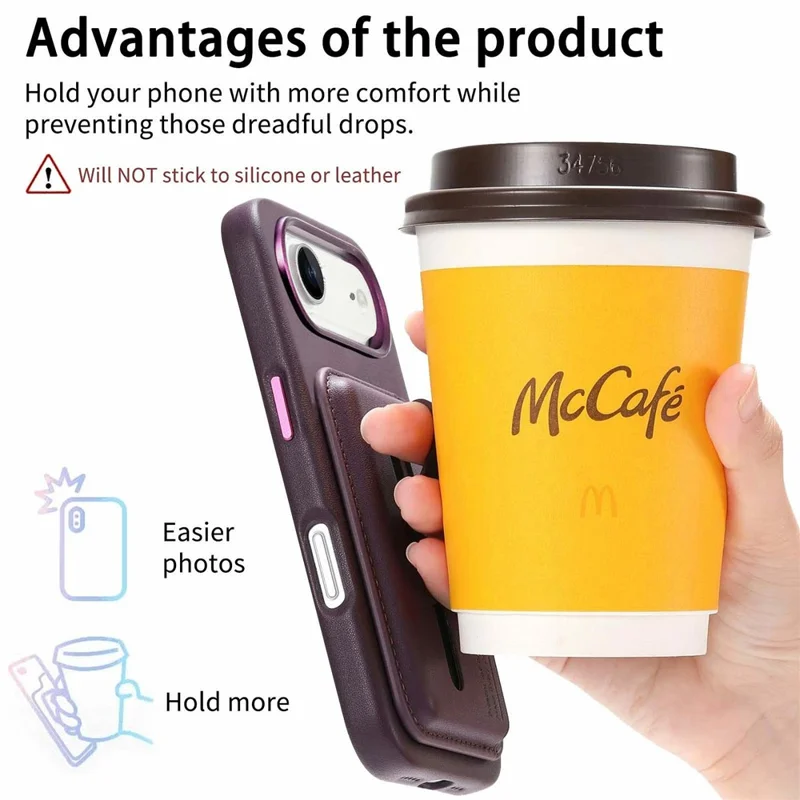 Étui pour iPhone Air Compatible avec MagSafe, Pochette de Carte Détachable avec Sangle d'Anneau de Doigt, Housse de Téléphone en Cuir PU Enduit de TPU - Violet