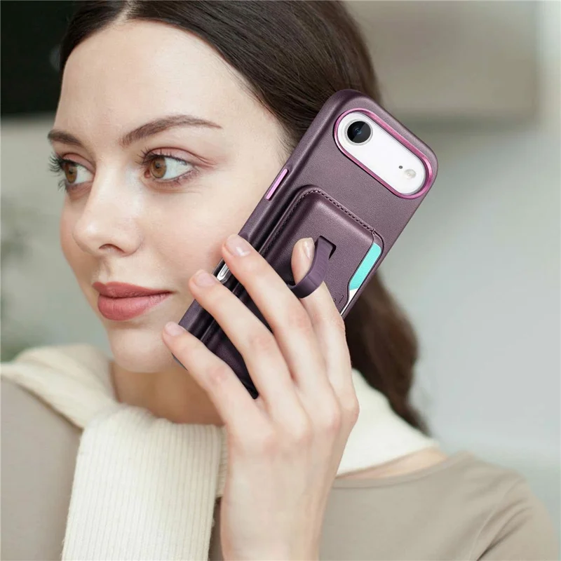 Étui pour iPhone Air Compatible avec MagSafe, Pochette de Carte Détachable avec Sangle d'Anneau de Doigt, Housse de Téléphone en Cuir PU Enduit de TPU - Violet