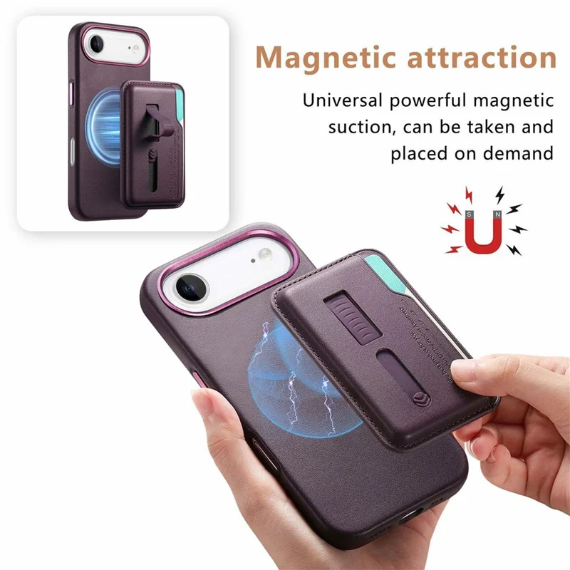 Étui pour iPhone Air Compatible avec MagSafe, Pochette de Carte Détachable avec Sangle d'Anneau de Doigt, Housse de Téléphone en Cuir PU Enduit de TPU - Violet