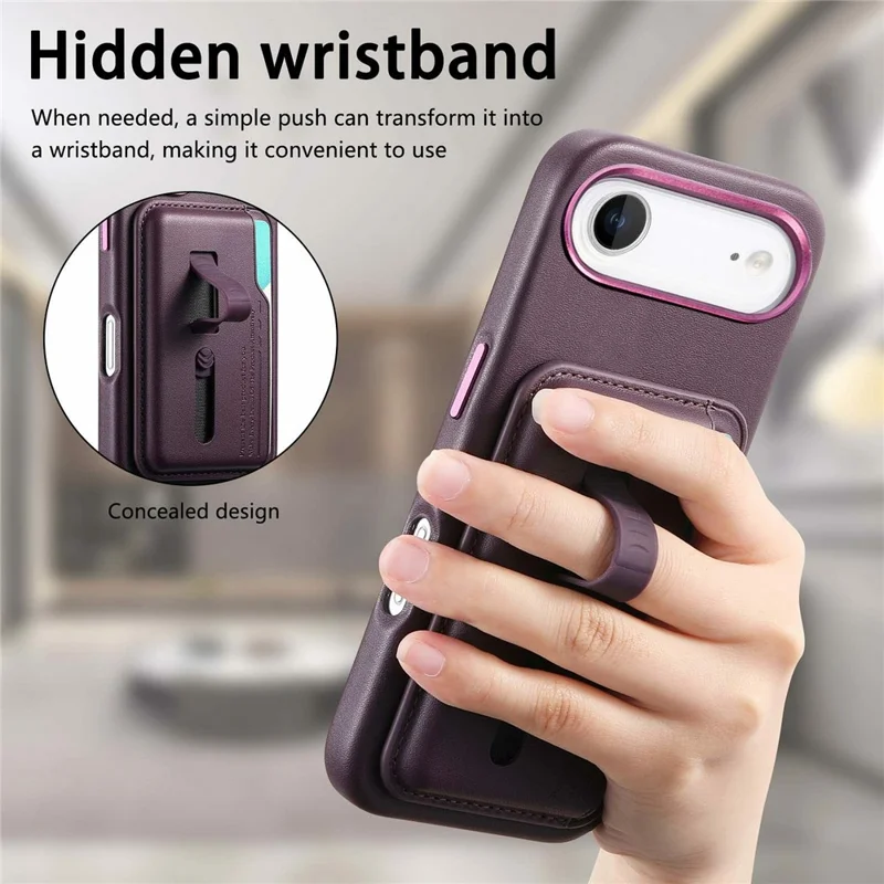Étui pour iPhone Air Compatible avec MagSafe, Pochette de Carte Détachable avec Sangle d'Anneau de Doigt, Housse de Téléphone en Cuir PU Enduit de TPU - Violet