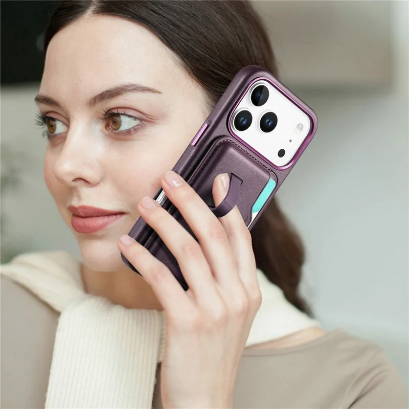 Custodia per iPhone 17 Pro Max compatibile con MagSafe Borsa porta carte staccabile con cinturino ad anello per il dito Rivestimento in pelle PU Custodia per telefono - Viola