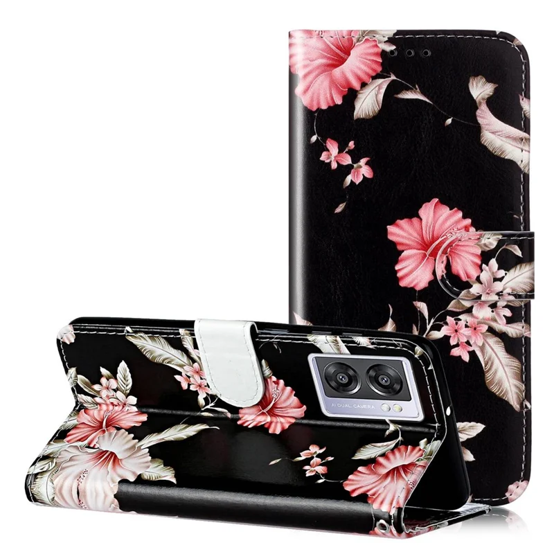 For Oppo A57 4G / A57s 4G / A57 (2022) 5G / A77 5G Pattern Printing Flip Stand Cover PU Leather Magnetic Closure Wallet Phone Case - Rhododendron