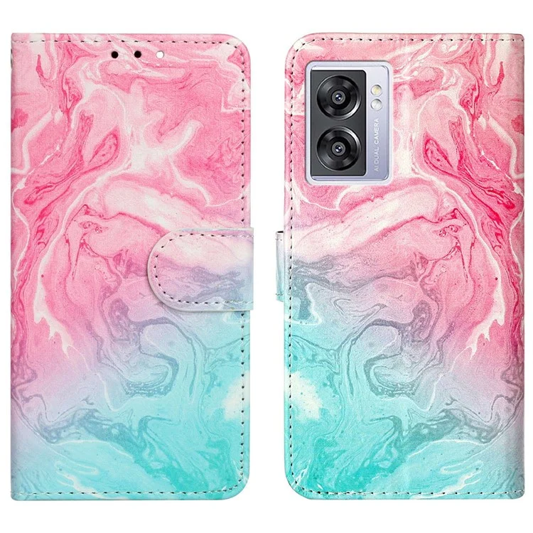 Pour Oppo A57 4G / A57 (2022) 5G / A77 5G Porte Impression Cover Souple PU Courture Magnétique Magnétique Coille du Papite - Marbre Vert Rose