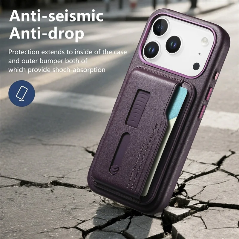 Custodia iPhone 17 Pro compatibile con MagSafe Borsa per schede staccabile con cinturino ad anello per dita in pelle PU rivestita in TPU - Viola