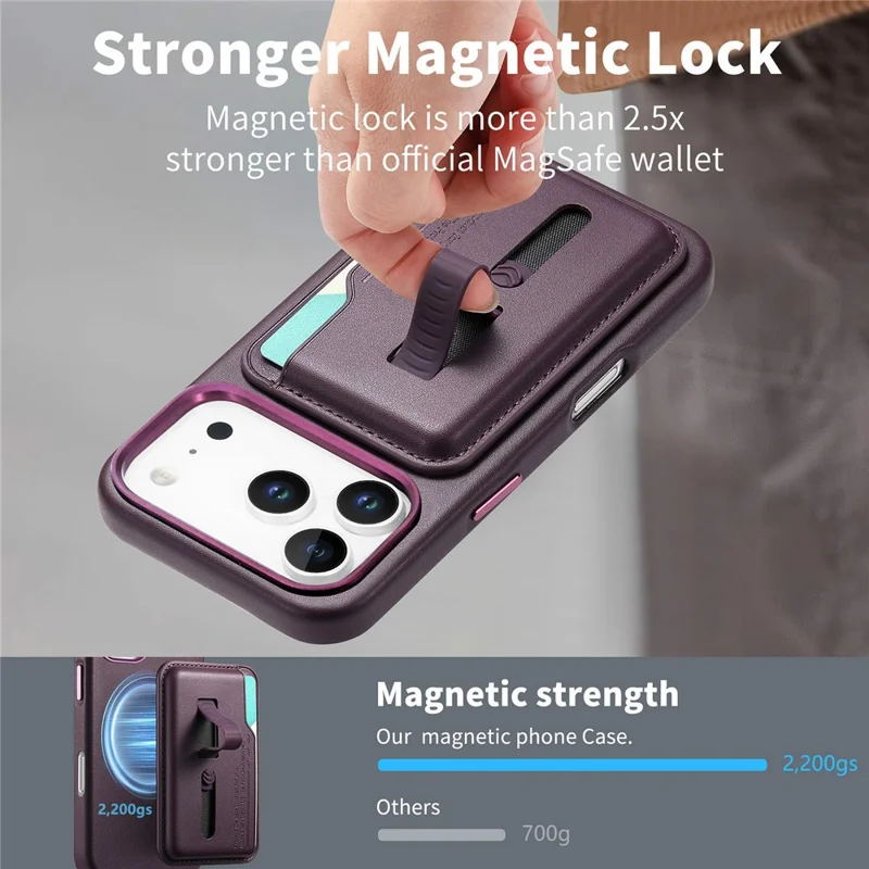 Custodia iPhone 17 Pro compatibile con MagSafe Borsa per schede staccabile con cinturino ad anello per dita in pelle PU rivestita in TPU - Viola