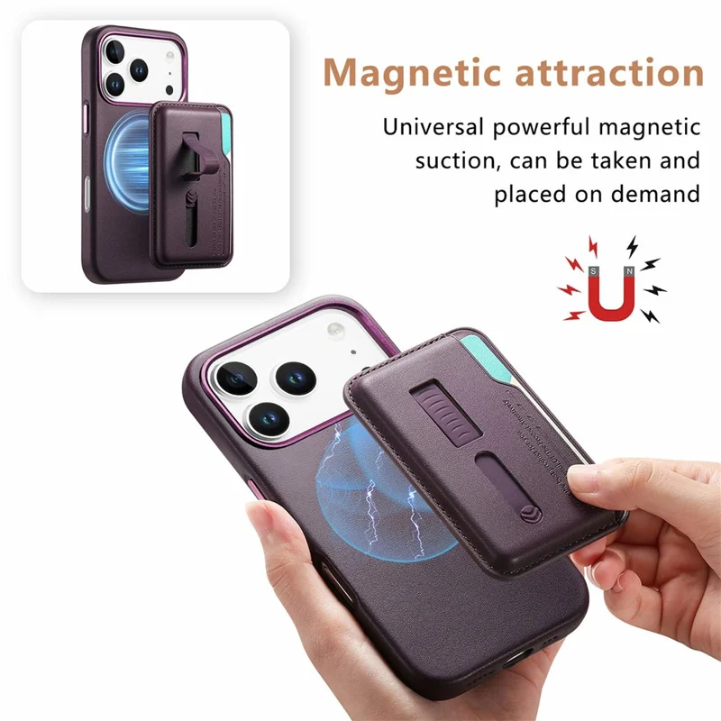 Custodia iPhone 17 Pro compatibile con MagSafe Borsa per schede staccabile con cinturino ad anello per dita in pelle PU rivestita in TPU - Viola