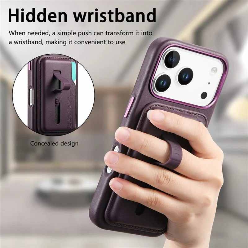 Custodia iPhone 17 Pro compatibile con MagSafe Borsa per schede staccabile con cinturino ad anello per dita in pelle PU rivestita in TPU - Viola