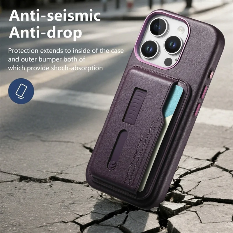 Capa para iPhone 16 Pro Max Compatível com MagSafe Bolsa Destacável para Cartão com Alça de Dedo Anel Revestimento de Couro PU Capa de Telefone - Roxo