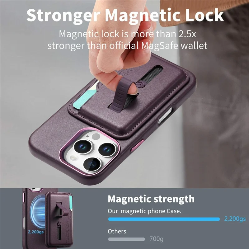 Capa para iPhone 16 Pro Max Compatível com MagSafe Bolsa Destacável para Cartão com Alça de Dedo Anel Revestimento de Couro PU Capa de Telefone - Roxo