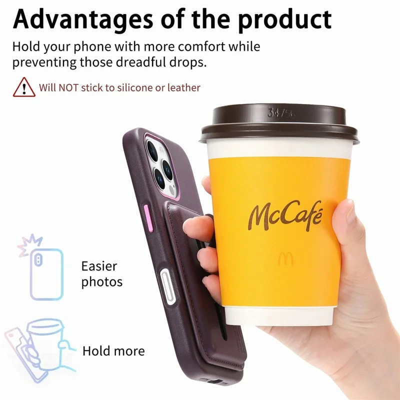 Capa para iPhone 16 Pro Max Compatível com MagSafe Bolsa Destacável para Cartão com Alça de Dedo Anel Revestimento de Couro PU Capa de Telefone - Roxo