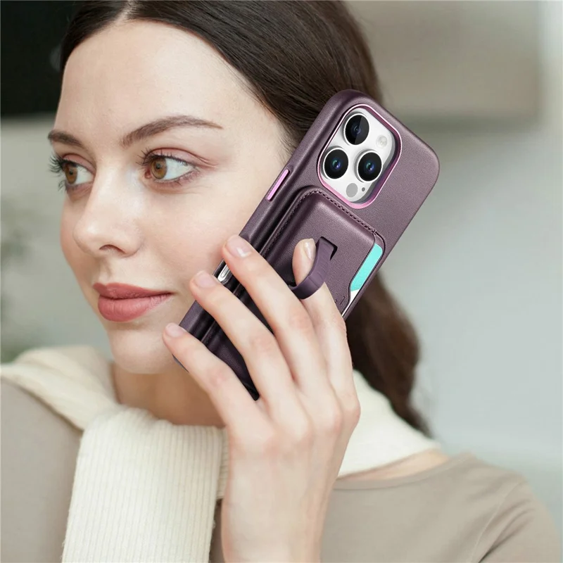 Capa para iPhone 16 Pro Max Compatível com MagSafe Bolsa Destacável para Cartão com Alça de Dedo Anel Revestimento de Couro PU Capa de Telefone - Roxo