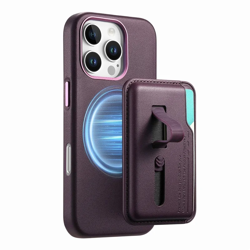 Capa para iPhone 16 Pro Max Compatível com MagSafe Bolsa Destacável para Cartão com Alça de Dedo Anel Revestimento de Couro PU Capa de Telefone - Roxo