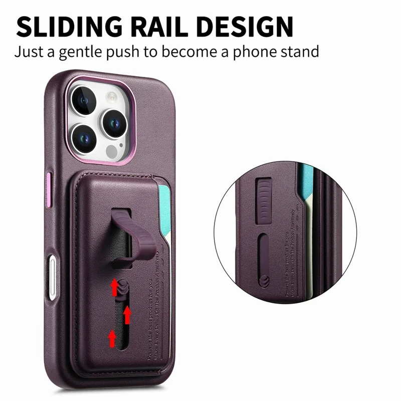 Capa para iPhone 16 Pro Max Compatível com MagSafe Bolsa Destacável para Cartão com Alça de Dedo Anel Revestimento de Couro PU Capa de Telefone - Roxo