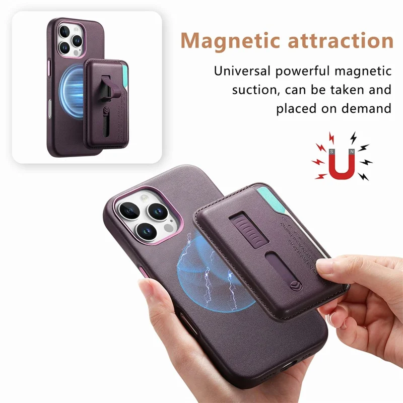 Capa para iPhone 16 Pro Max Compatível com MagSafe Bolsa Destacável para Cartão com Alça de Dedo Anel Revestimento de Couro PU Capa de Telefone - Roxo