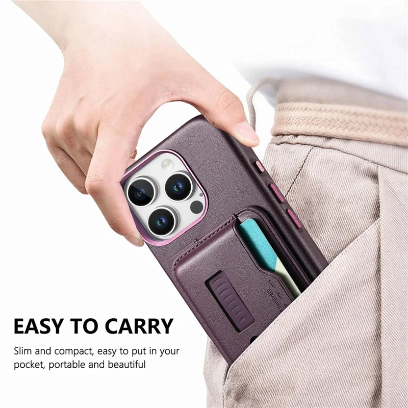Capa para iPhone 16 Pro Max Compatível com MagSafe Bolsa Destacável para Cartão com Alça de Dedo Anel Revestimento de Couro PU Capa de Telefone - Roxo