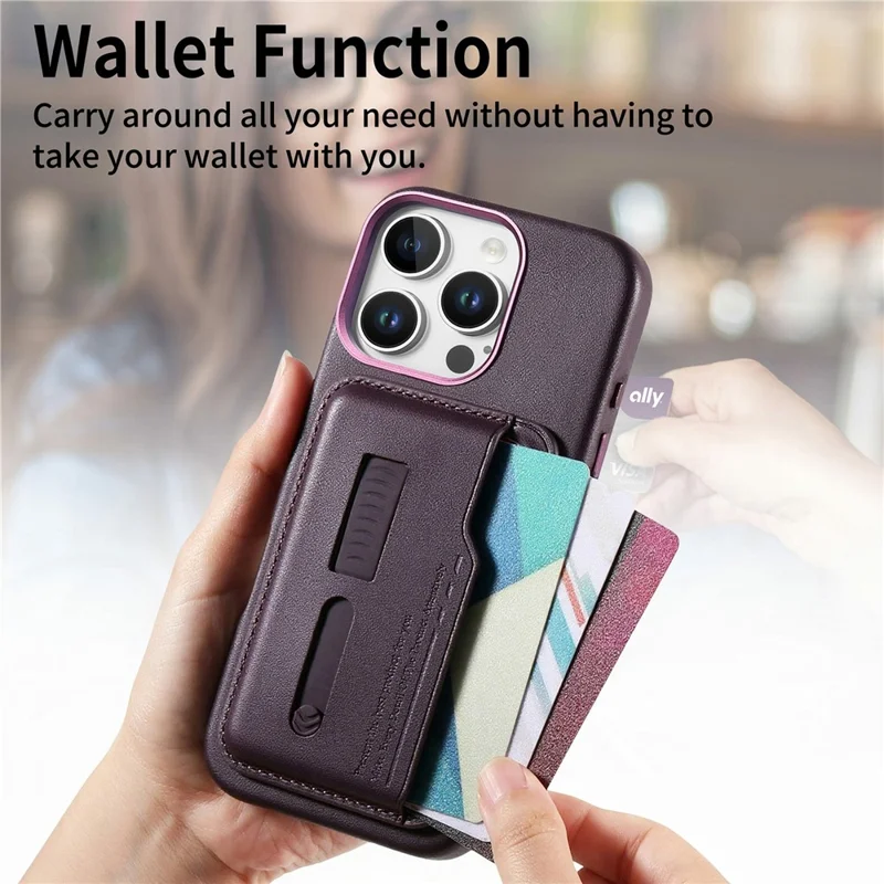 Capa para iPhone 16 Pro Max Compatível com MagSafe Bolsa Destacável para Cartão com Alça de Dedo Anel Revestimento de Couro PU Capa de Telefone - Roxo