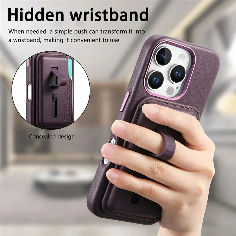 Capa para iPhone 16 Pro Max Compatível com MagSafe Bolsa Destacável para Cartão com Alça de Dedo Anel Revestimento de Couro PU Capa de Telefone - Roxo