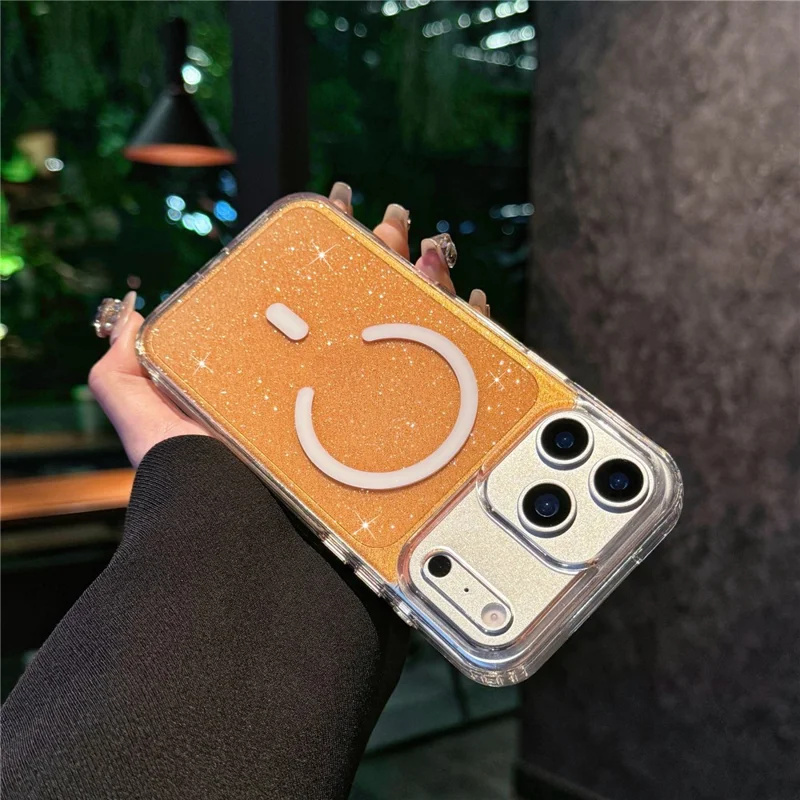 Coque compatible avec l'iPhone 17 Pro Max avec MagSafe, design pailleté, protection antichoc en TPU + PC - Orange