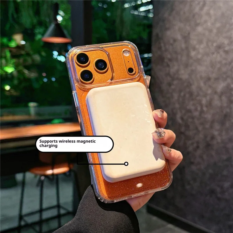 Funda para iPhone 17 Pro Compatible con MagSafe, Diseño de Purpurina, TPU + PC Antichoque, Cubierta de Teléfono - Naranja