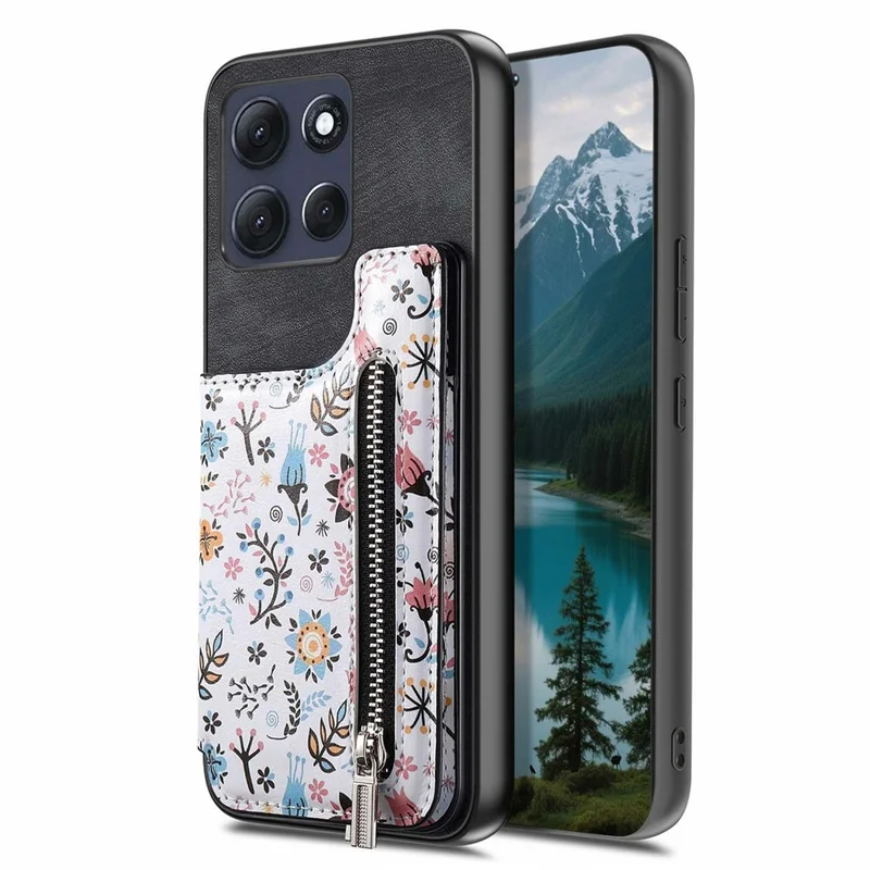 For Motorola Moto G86 5G Zipper Card Holder Kickstand Case Leather Phone Cover with RFID Blocking - Black