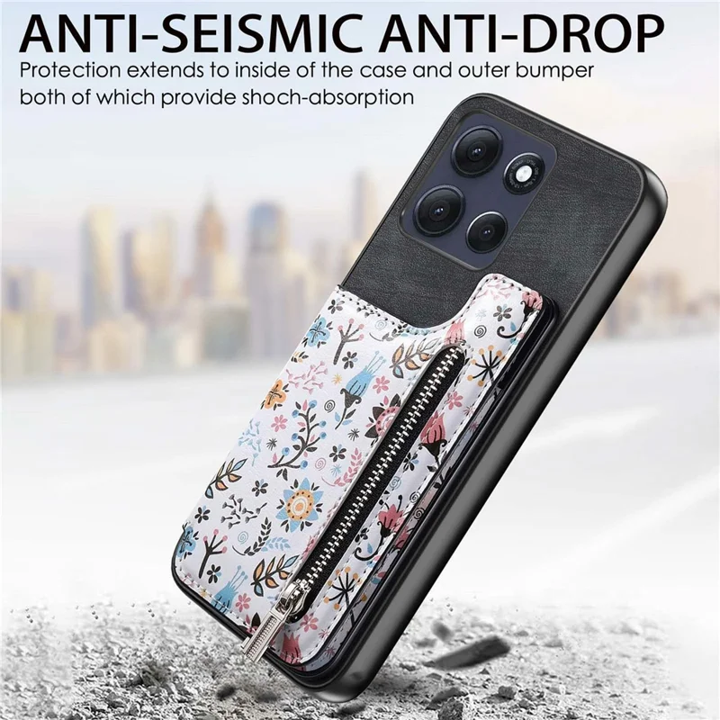 For Motorola Moto G86 5G Zipper Card Holder Kickstand Case Leather Phone Cover with RFID Blocking - Black