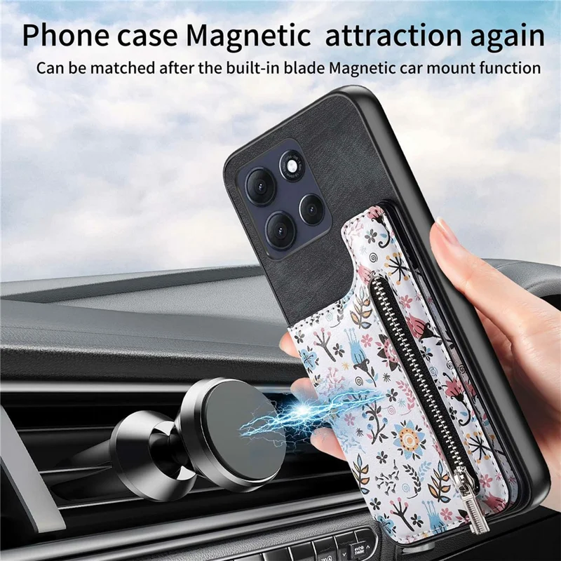 For Motorola Moto G86 5G Zipper Card Holder Kickstand Case Leather Phone Cover with RFID Blocking - Black