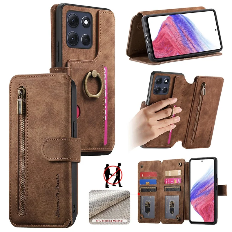 For Motorola Moto G86 5G Leather Case Phone Back Cover with RFID Blocking Zipper Wallet Kickstand - Brown