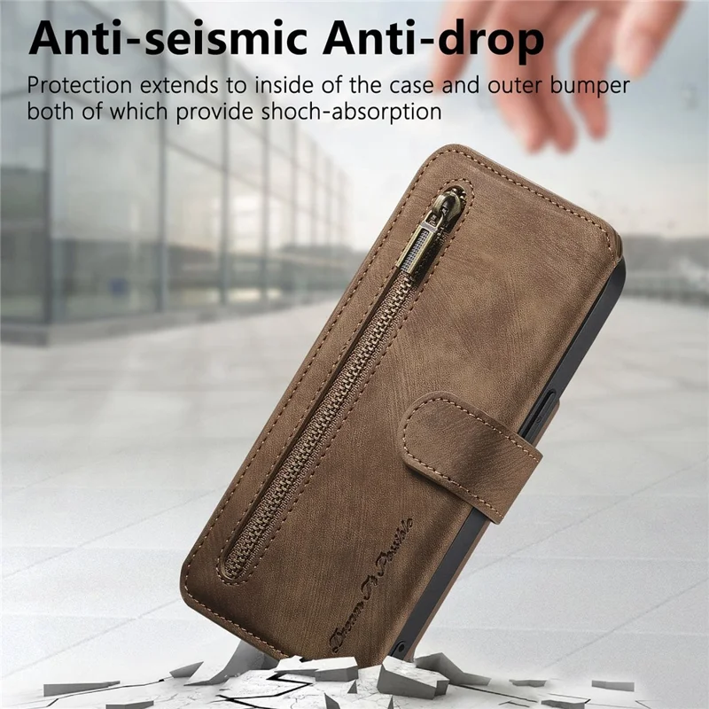 For Motorola Moto G86 5G Leather Case Phone Back Cover with RFID Blocking Zipper Wallet Kickstand - Brown