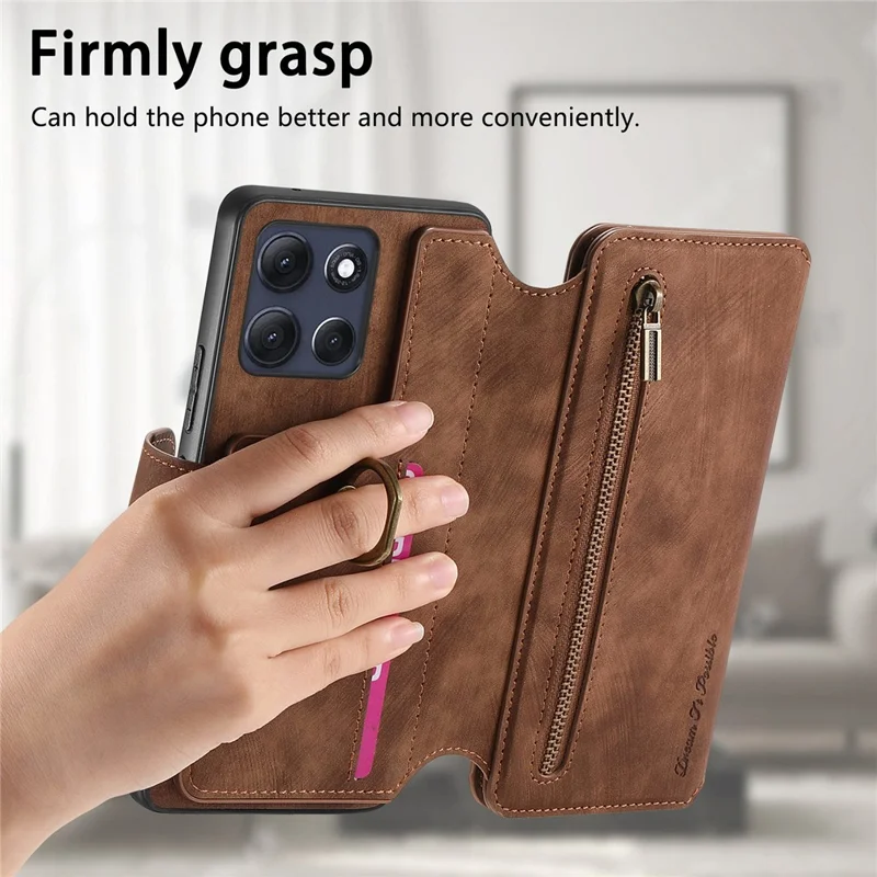For Motorola Moto G86 5G Leather Case Phone Back Cover with RFID Blocking Zipper Wallet Kickstand - Brown