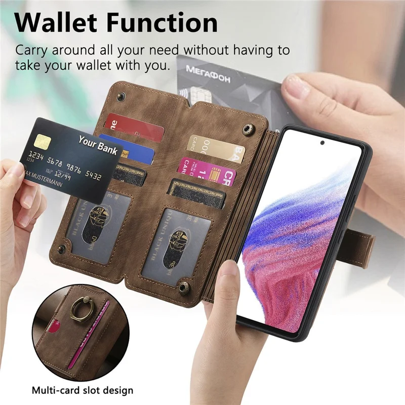 For Motorola Moto G86 5G Leather Case Phone Back Cover with RFID Blocking Zipper Wallet Kickstand - Brown