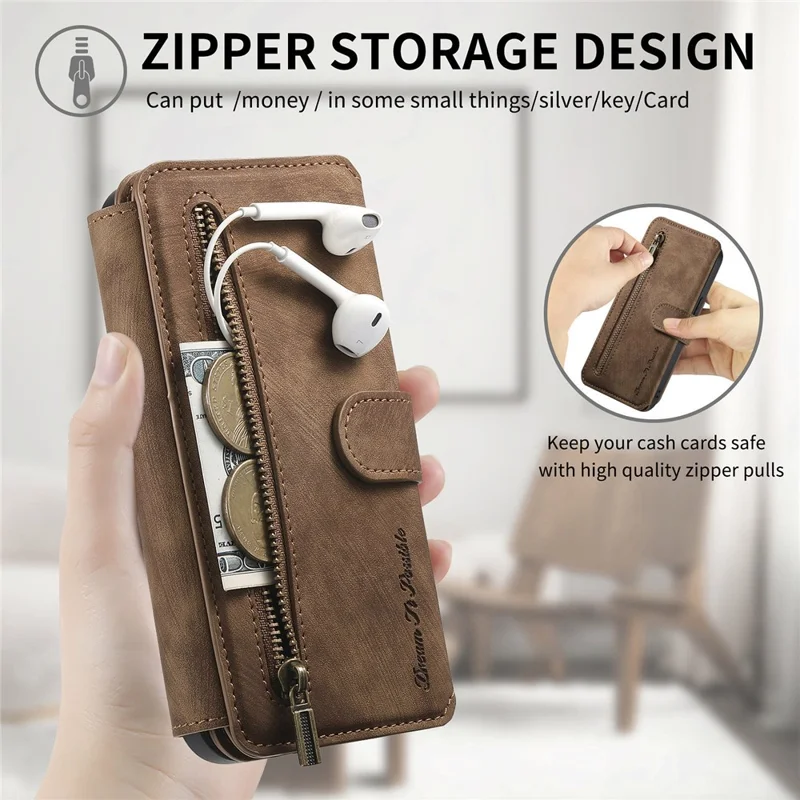 For Motorola Moto G86 5G Leather Case Phone Back Cover with RFID Blocking Zipper Wallet Kickstand - Brown