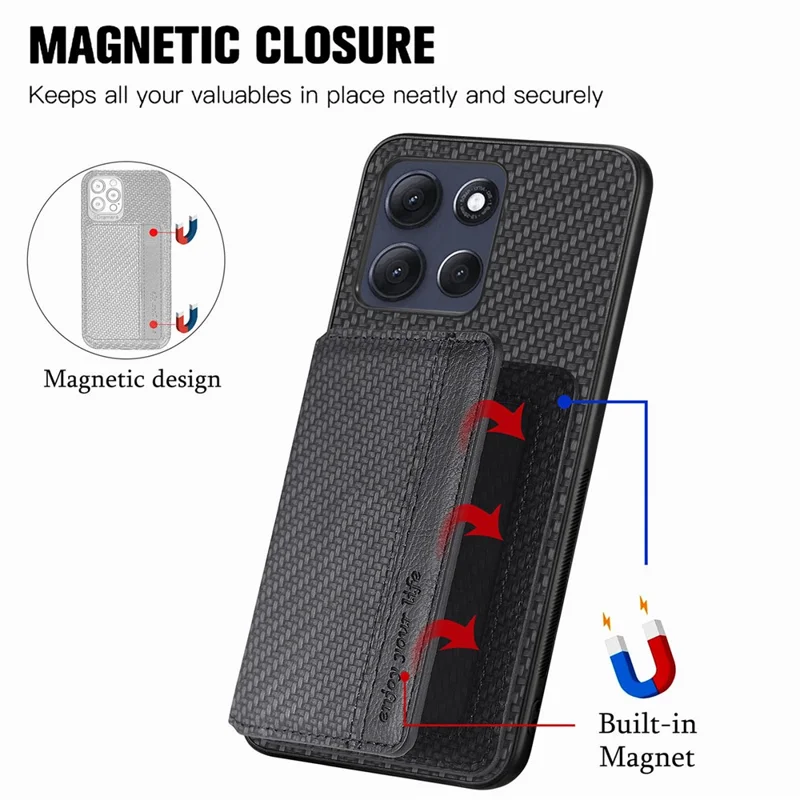 For Motorola Moto G86 5G Case RFID Blocking Carbon Fiber Leather Phone Back Cover with Card Holder - Black