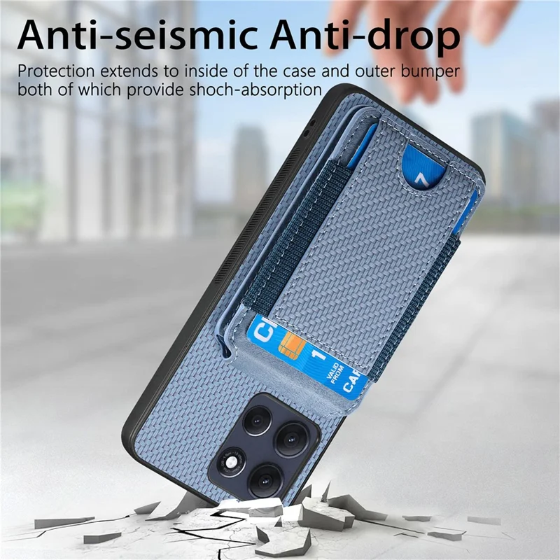 Motorola Moto G86 5G Karbonfaser-Textur Flip Case Kartenhalter Ständer Verstellbarer Winkel Schutzhülle - Blau