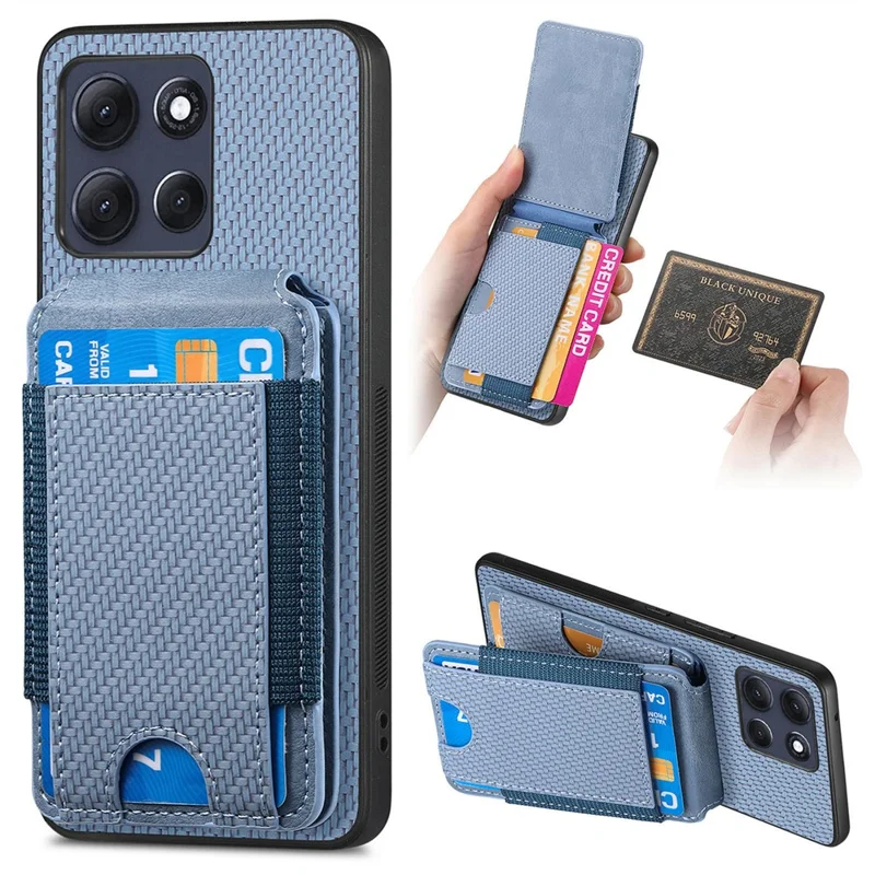 For Motorola Moto G86 Power 5G Carbon Fiber Texture Flip Case Card Holder Stand Adjustable Angle Protective Cover - Blue