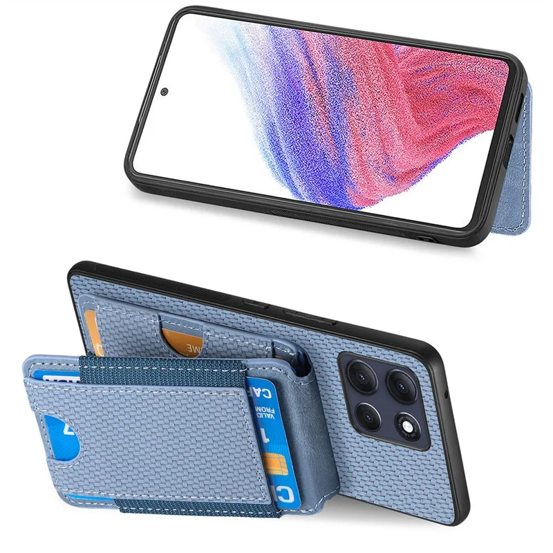 For Motorola Moto G86 Power 5G Carbon Fiber Texture Flip Case Card Holder Stand Adjustable Angle Protective Cover - Blue