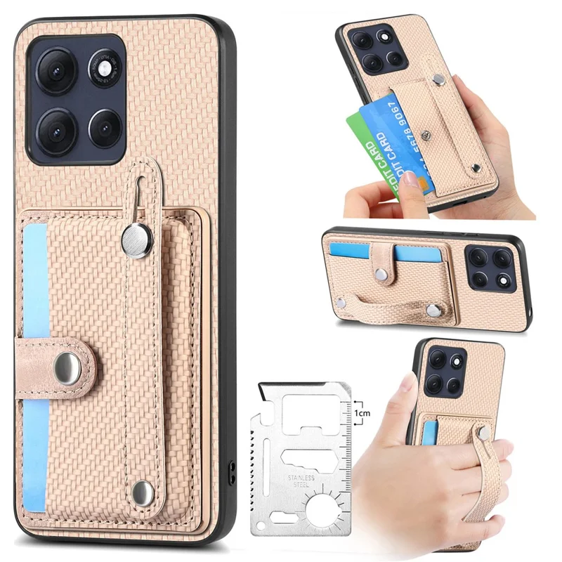 For Motorola Moto G86 Power 5G Case Wristband Anti-Drop Leather Back Cover Card Holder - Khaki