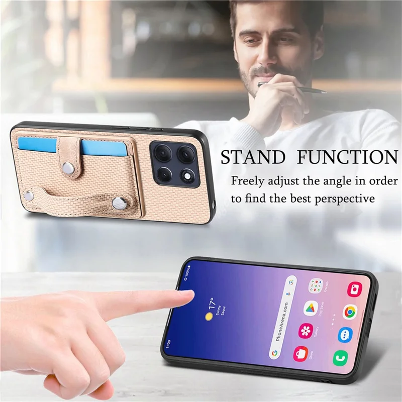 For Motorola Moto G86 Power 5G Case Wristband Anti-Drop Leather Back Cover Card Holder - Khaki