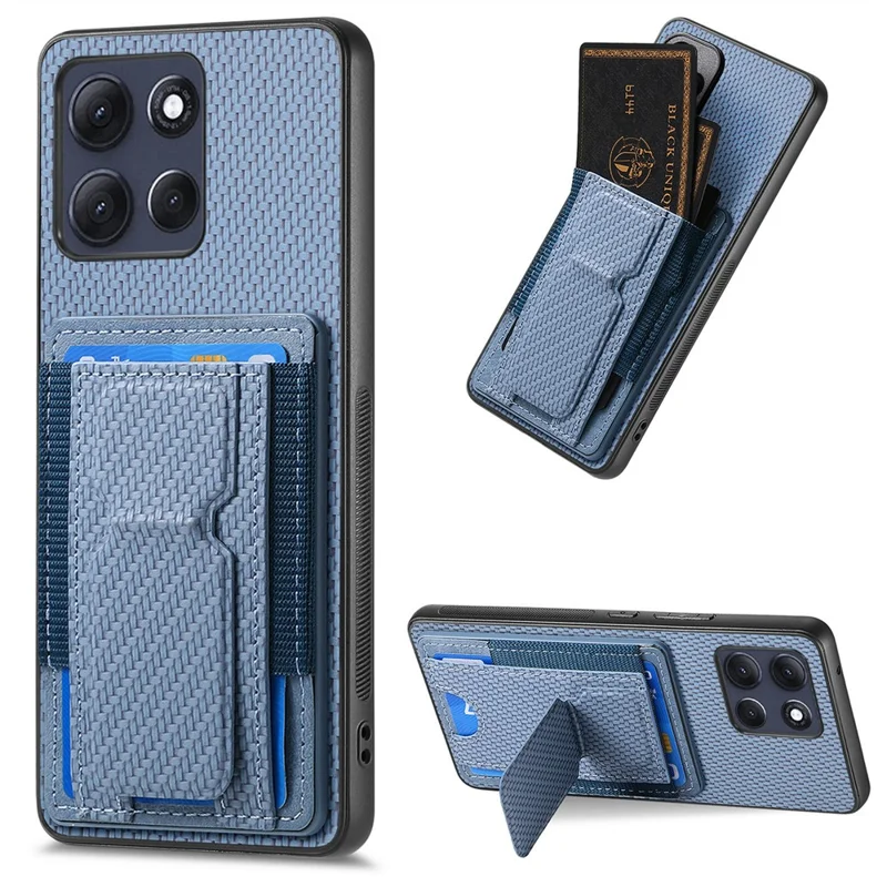 For Motorola Moto G86 Power 5G Case with Card Holder Kickstand Fiber Pattern Leather Back Cover - Blue