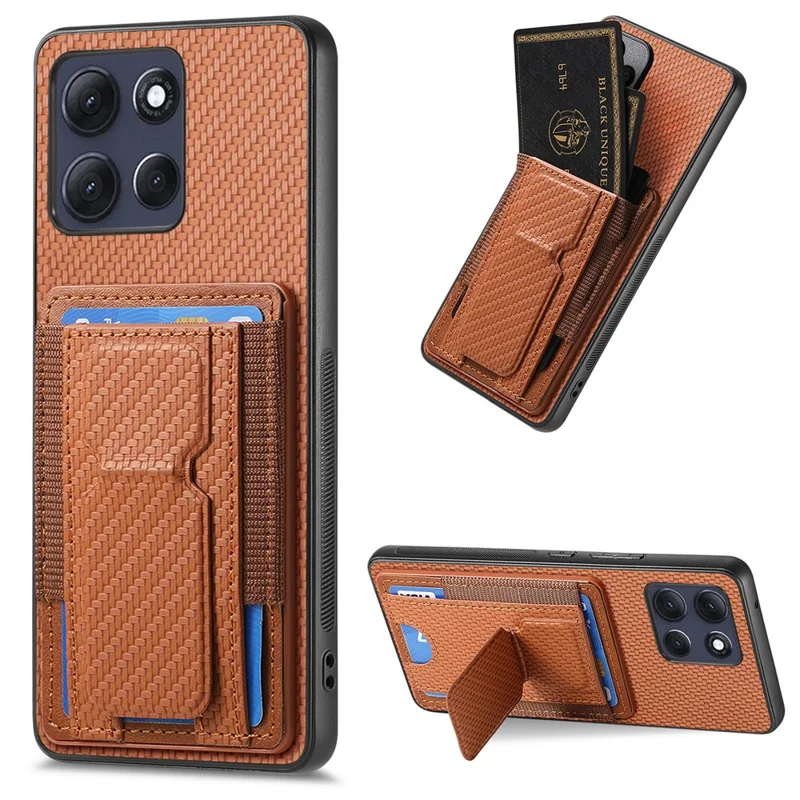 For Motorola Moto G86 Power 5G Case with Card Holder Kickstand Fiber Pattern Leather Back Cover - Brown